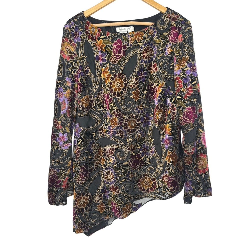 Vtg Coldwater Creek Velvet Burnout Top Size L Tunic Asymmetrical Whimsigoth Boho